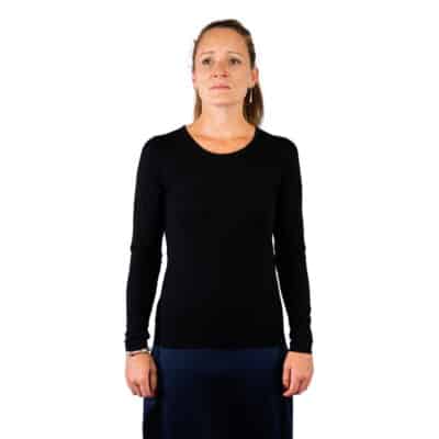 T-shirt femme laine mérinos manches longues col O maille côtelée