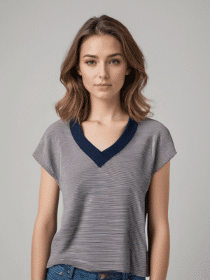 T-shirt laine mérinos manches tombantes col V bord côte femme